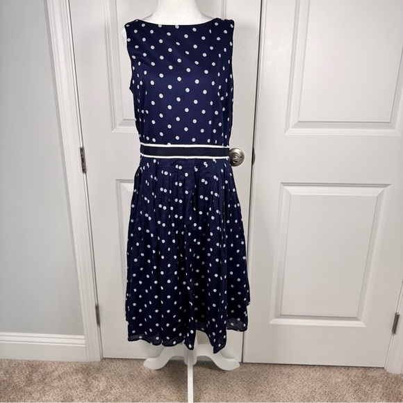 Talbots Dresses & Skirts - Talbots Navy White Polka Dot Fit Flare Work Dress Cotton Lined Size 14 Classic
